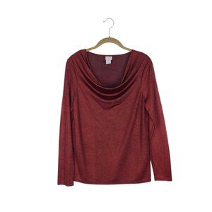 Chicos Shimmery Cowl Neck Top Long Sleeve Red Holiday Evening Sparkle 0 Small